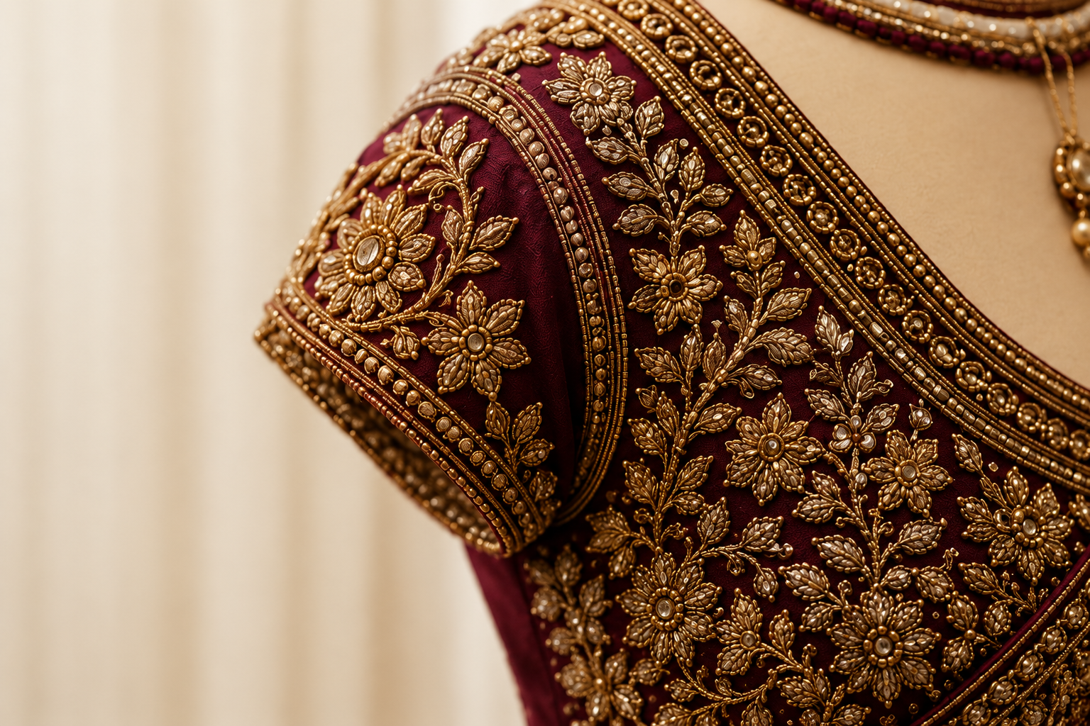 Burgundy bridal blouse with intricate gold Aari embroidery, zari work and floral motifs